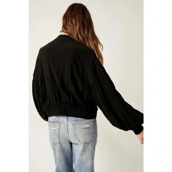 FREE PEOPLE On Pointe Bomber Jacket Lightweight Puff Balloon Sleeve Black - Picture 6 of 11